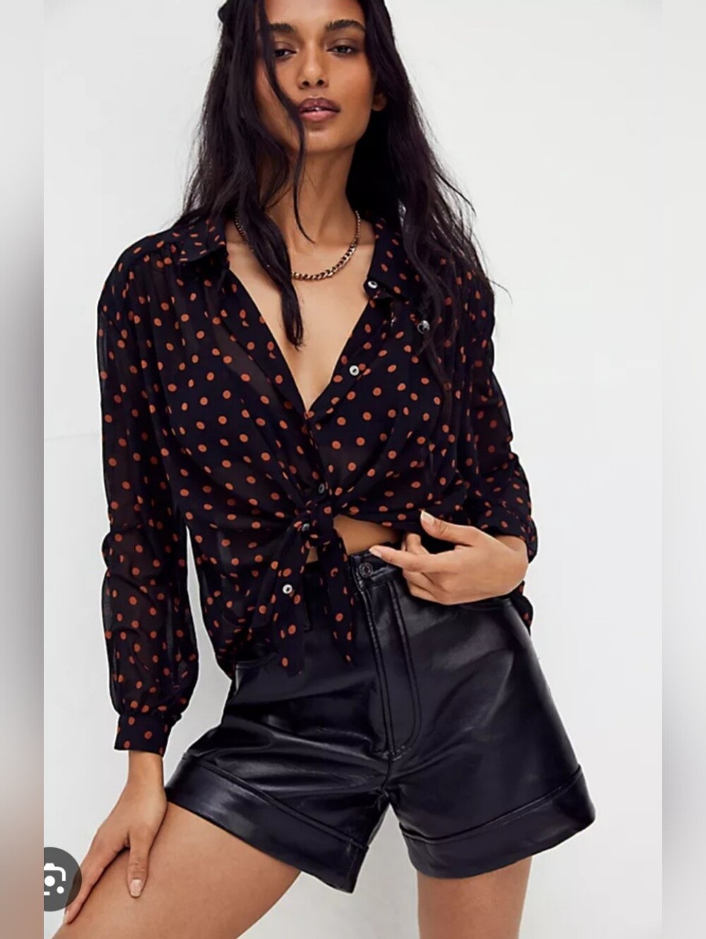 Free People Ciara Sheer Black Button Down Shirt-orange Polka Dot